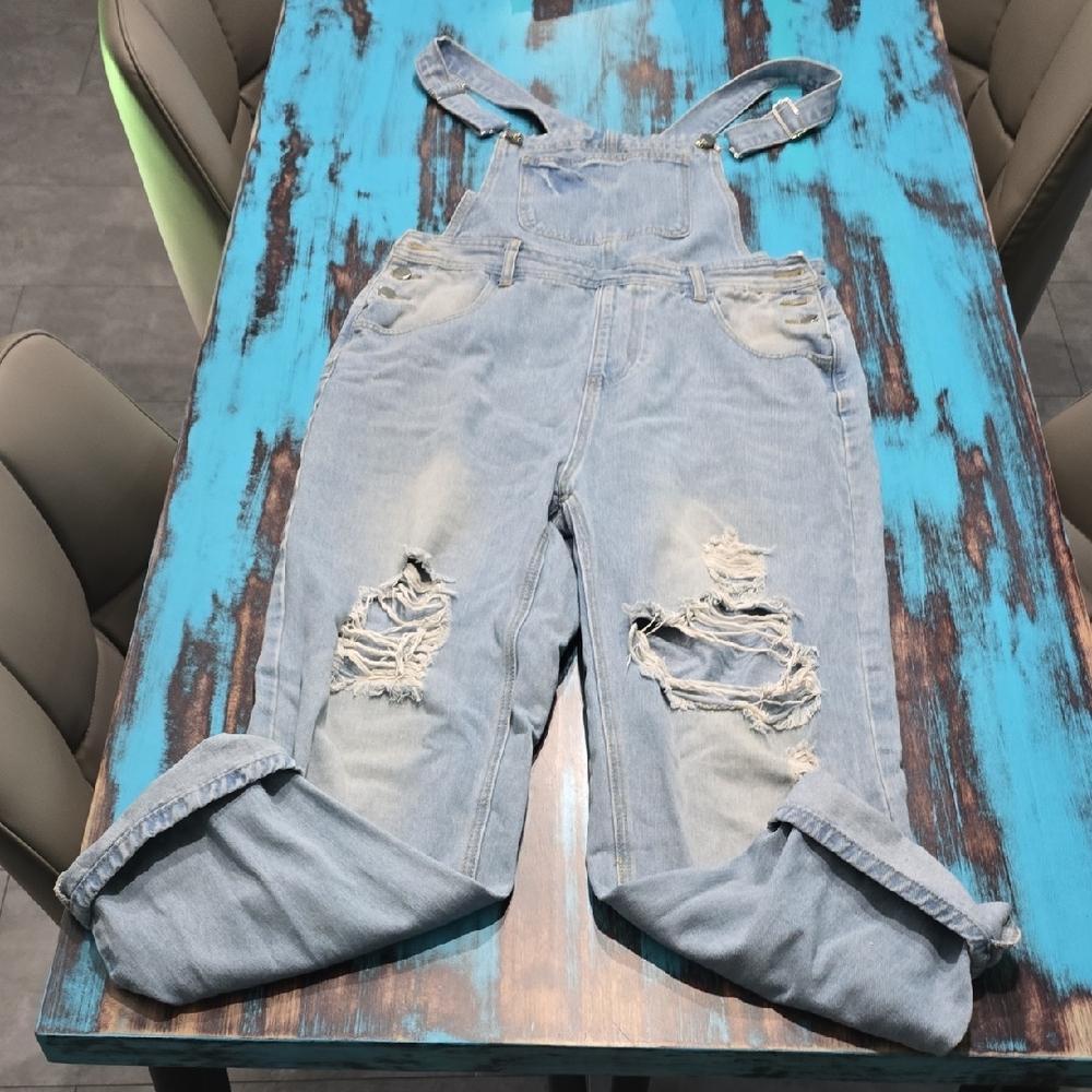 Distressed Light Blue Denim Overalls